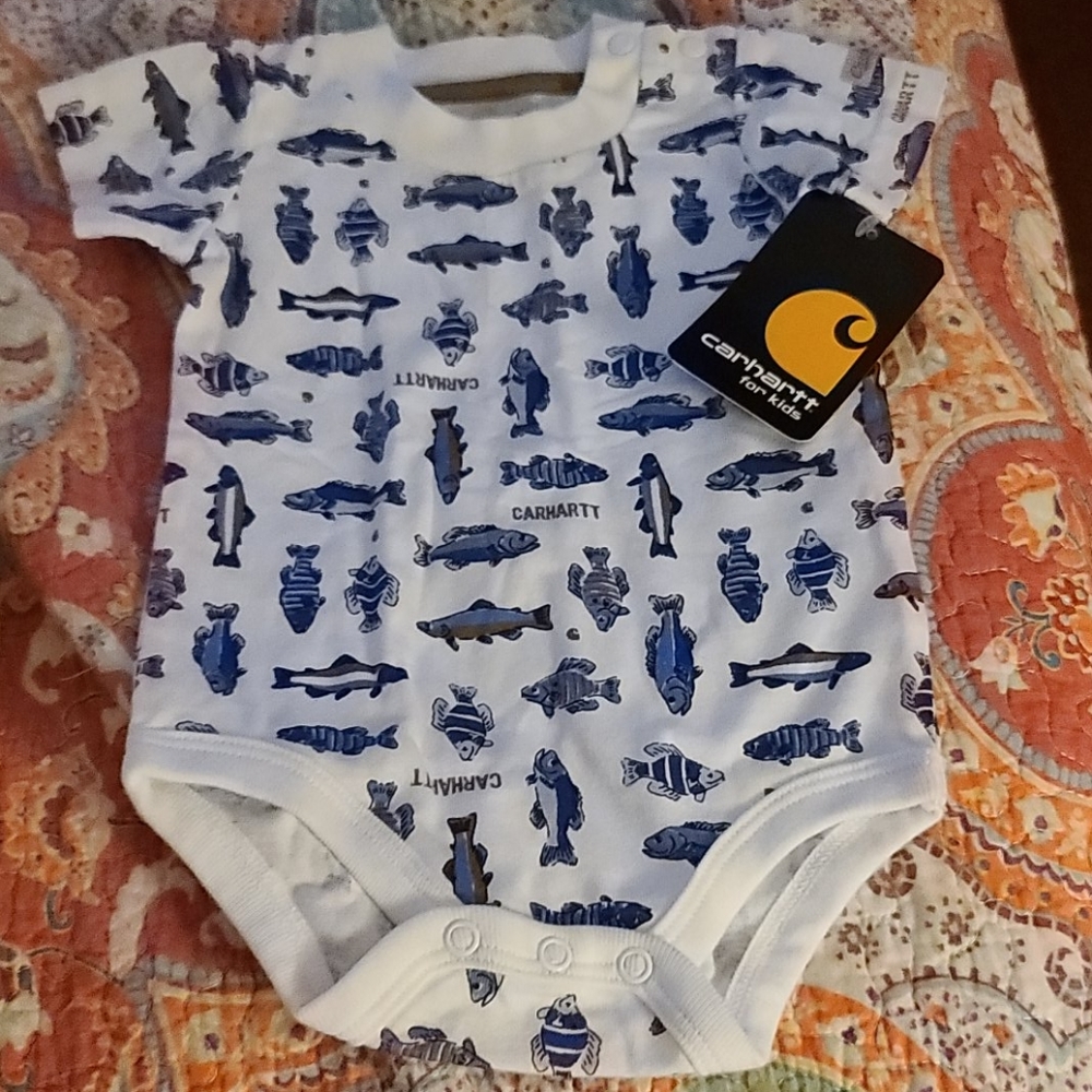 Carhartt onies with fish on it and word carhartt